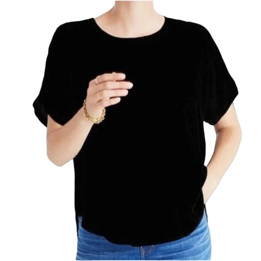 Madewell Women’s Velvet Black Short Sleeve Blouse Button Back Size Small‎